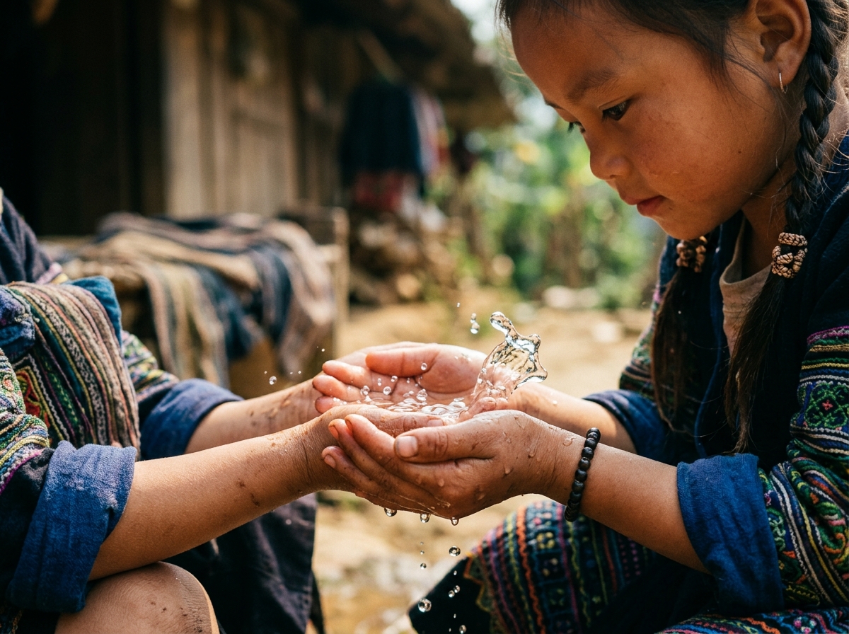 Cận cảnh đôi bàn tay nhỏ của em học sinh vùng cao nâng niu giọt nước mát