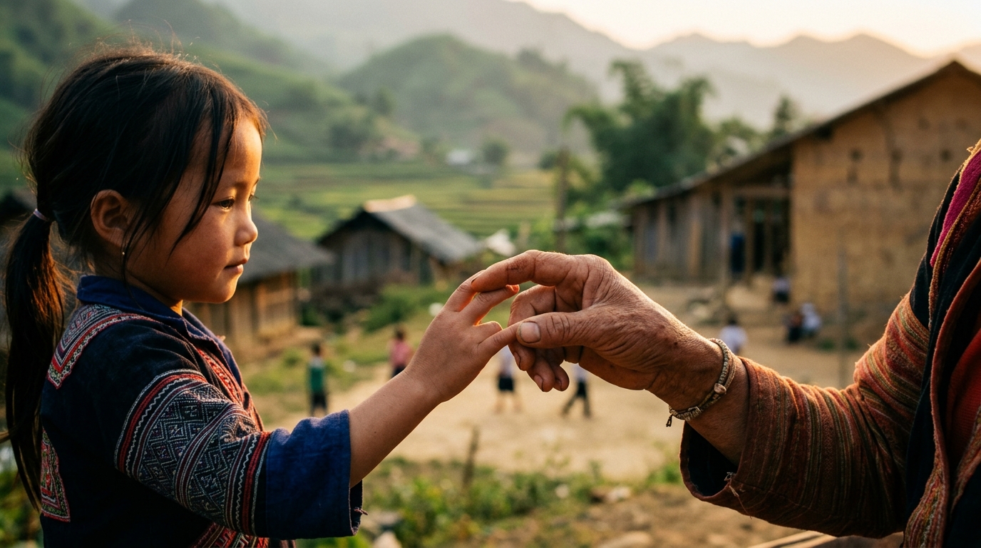 Đôi bàn tay chạm nhau kết nối yêu thương vùng cao