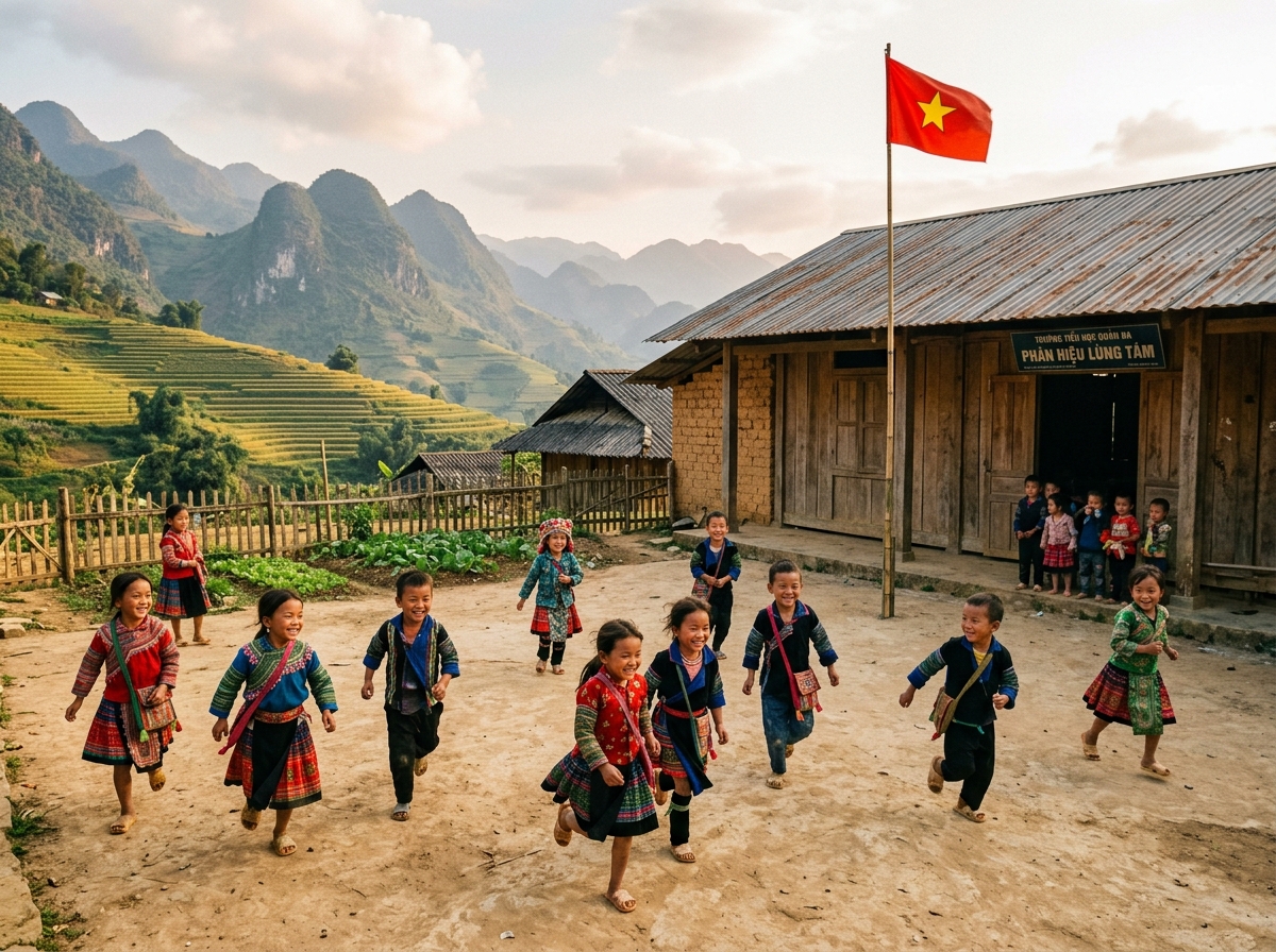 Khung cảnh điểm trường Lùng Tám với nụ cười rạng rỡ của các em học sinh